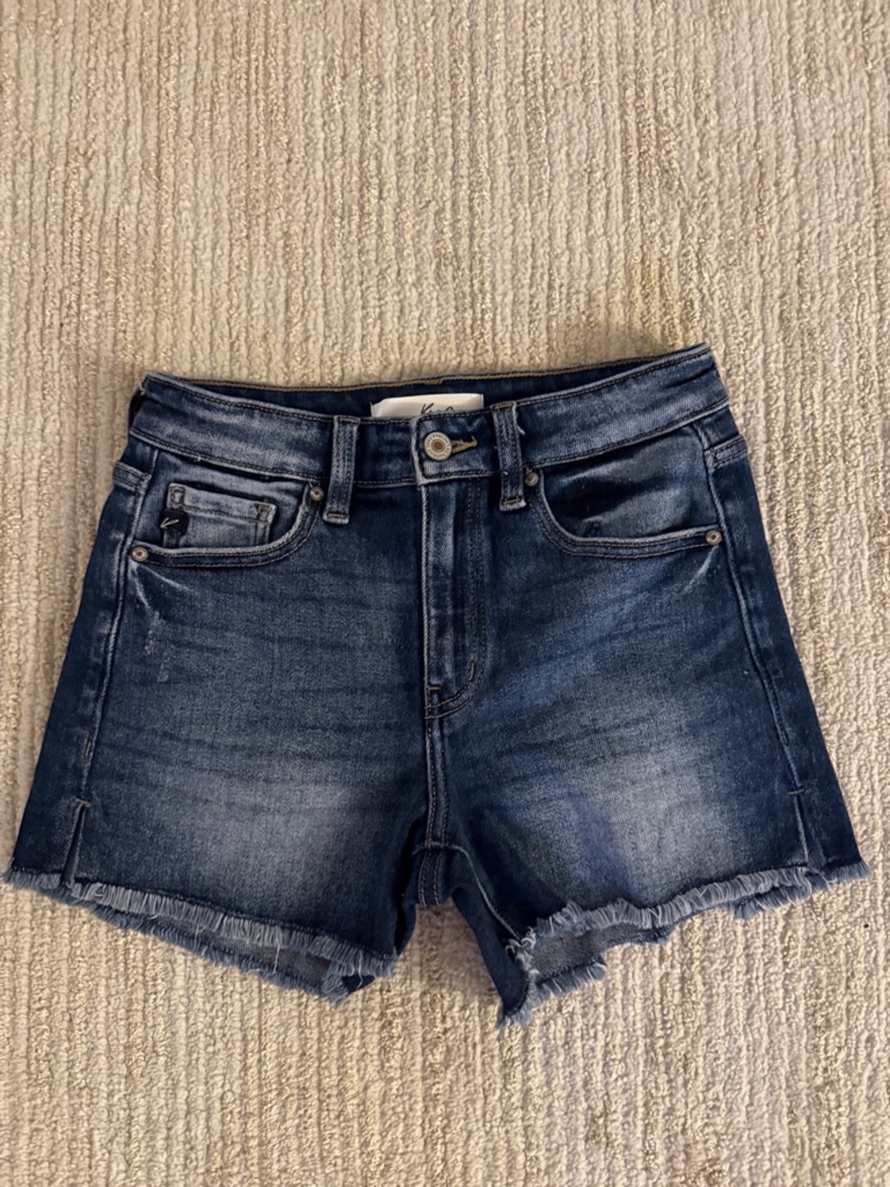 KanCan Washed Dark Blue Frayed Hem Denim Shorts